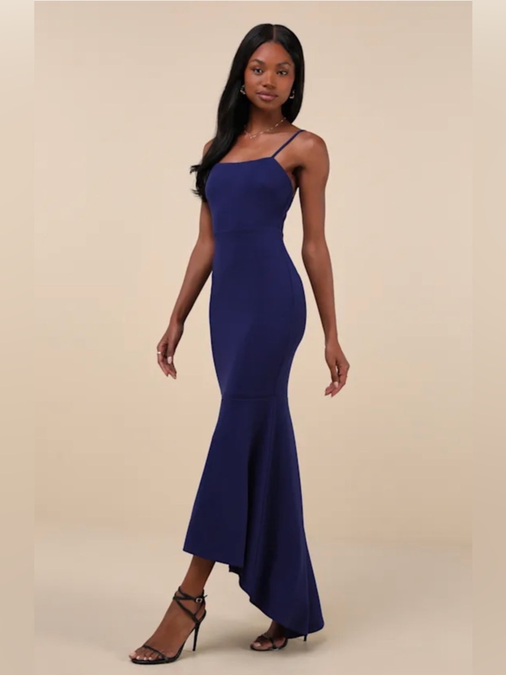 Lulus Stunning Enchantment Navy Backless Trumpet Hem Maxi Dress M NWT